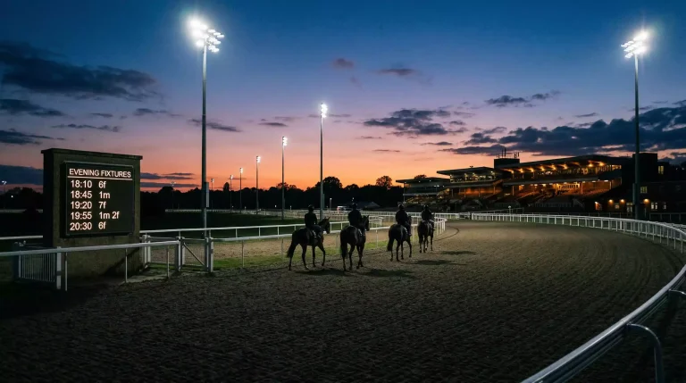 Evening all-weather flat racing under floodlights at a British synthetic-track racecourse