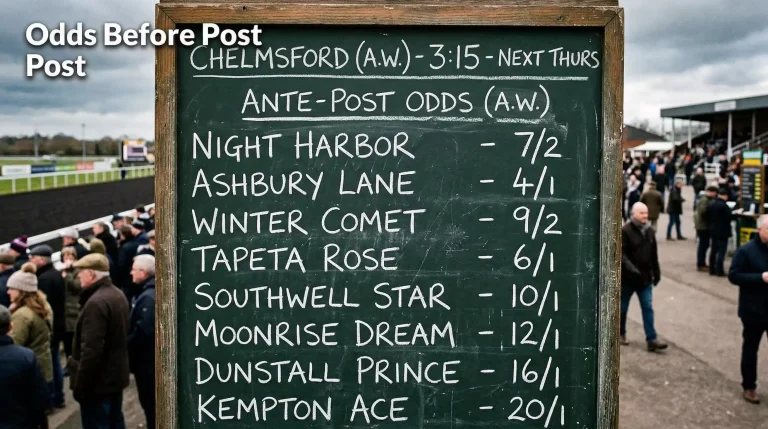 Bookmaker odds board showing early prices for an all-weather horse racing fixture in Britain