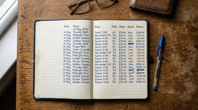 Notebook with handwritten horse racing betting records beside a racecard and pen on a wooden table