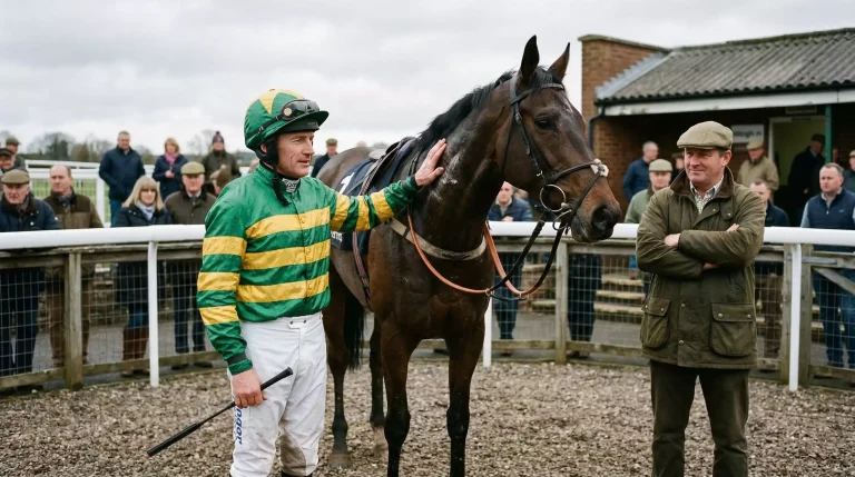 Jockey in racing silks guiding a thoroughbred past the winning post at Southwell racecourse