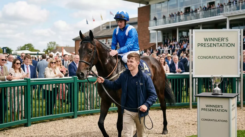 Winner being led into the parade ring at a British racecourse after a flat race victory