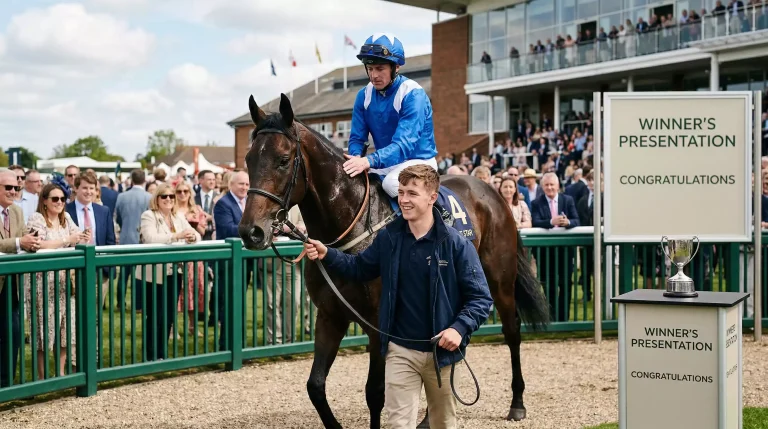 Winner being led into the parade ring at a British racecourse after a flat race victory