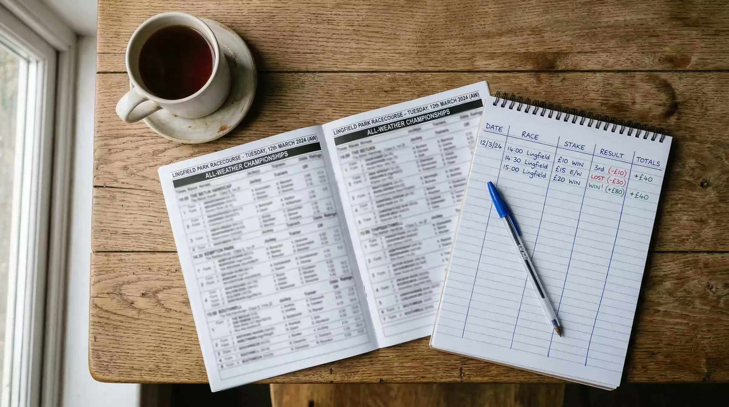 Person studying horse racing form guide and staking plan with notes and a racecard on a desk