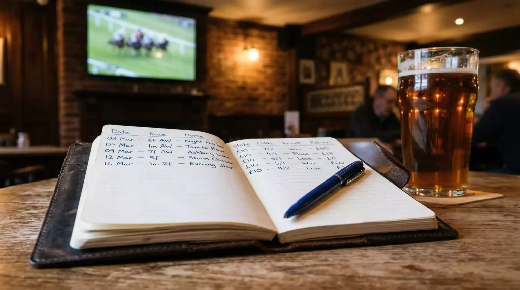 Notebook with handwritten horse racing staking calculations and a pen on a wooden desk