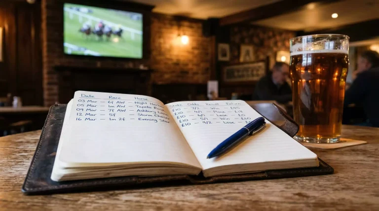 Notebook with handwritten horse racing staking calculations and a pen on a wooden desk