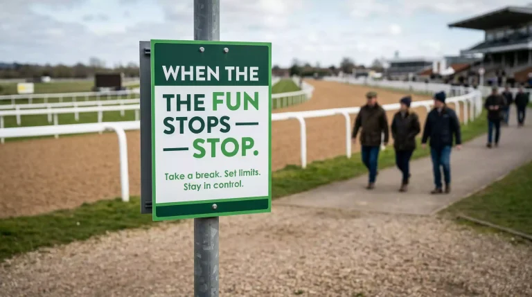 Responsible gambling information display at a British racecourse with support helpline details