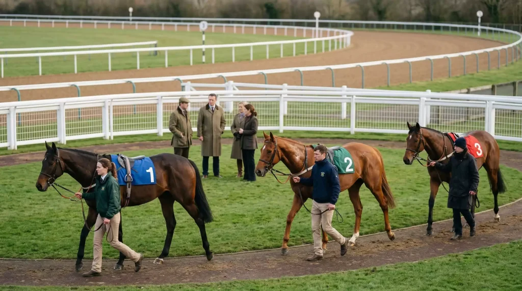 Thoroughbred racehorses in the paddock at Southwell racecourse before an all-weather flat race