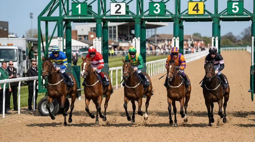 Horses breaking from the stalls in a five-furlong sprint at Southwell racecourse on Tapeta