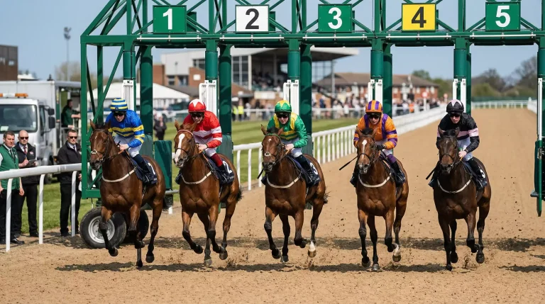 Horses breaking from the stalls in a five-furlong sprint at Southwell racecourse on Tapeta