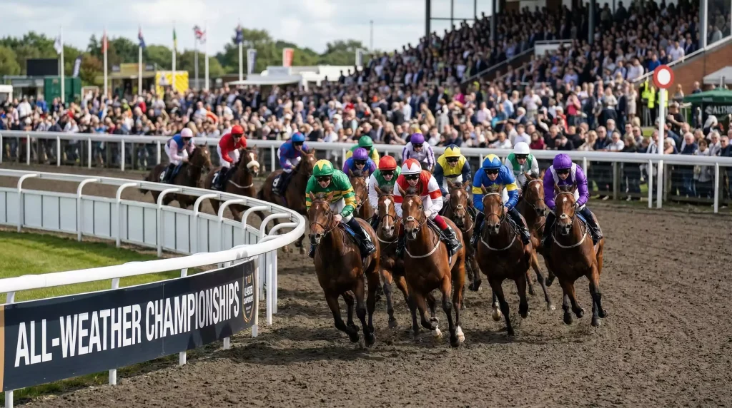 All-weather flat horse racing on the Tapeta track at Southwell racecourse during a championships qualifier