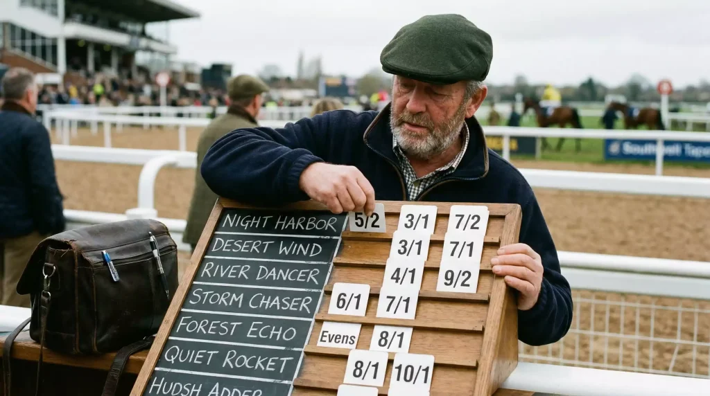 Bookmaker chalking up horse racing odds on a board at a British racecourse betting ring