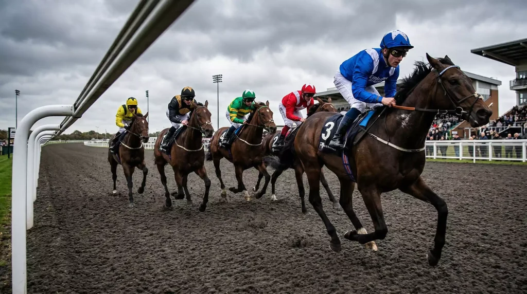 Horses racing on the Tapeta surface at Southwell racecourse approaching the home straight