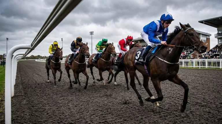 Horses racing on the Tapeta surface at Southwell racecourse approaching the home straight