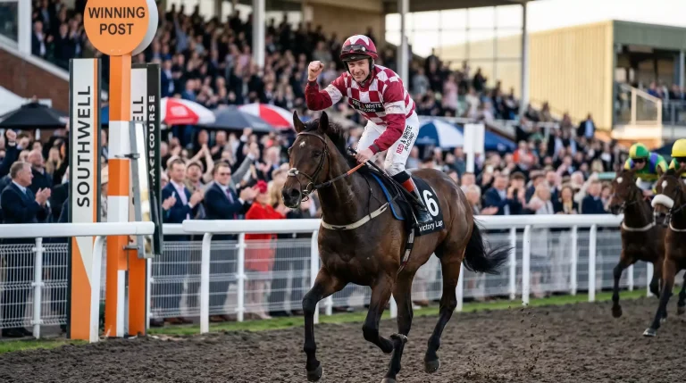 Horse crossing the finishing line at Southwell all-weather racecourse with jockey celebrating a win