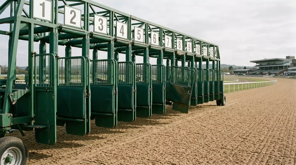 Starting stalls at Southwell racecourse on the Tapeta all-weather surface before a flat race