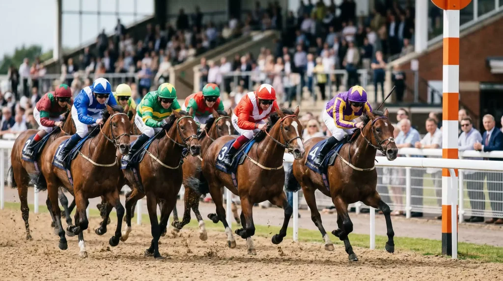 Horses racing in a tight group approaching the finish at Southwell all-weather racecourse