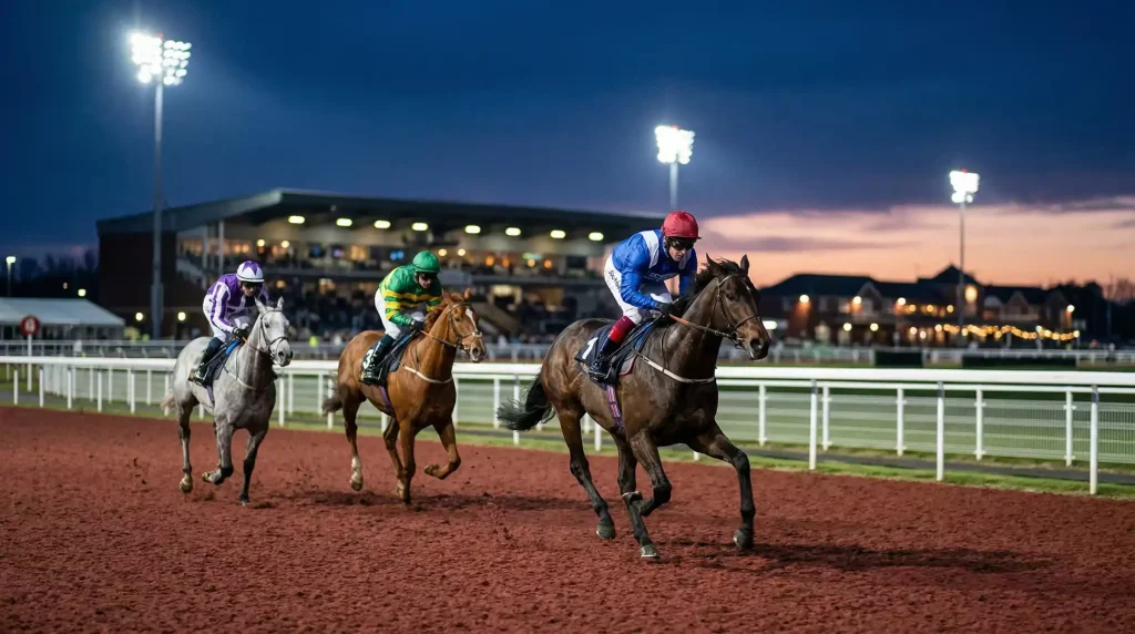 Floodlit evening horse racing at Southwell racecourse with LED lights illuminating the Tapeta track