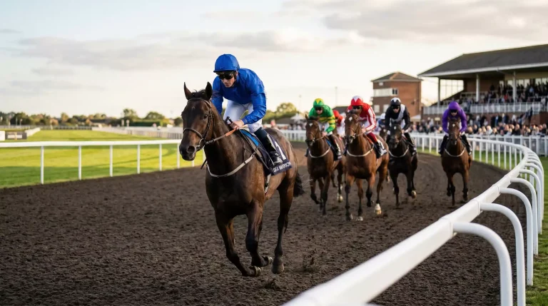 Favourite horse leading the field around the bend at Southwell all-weather racecourse