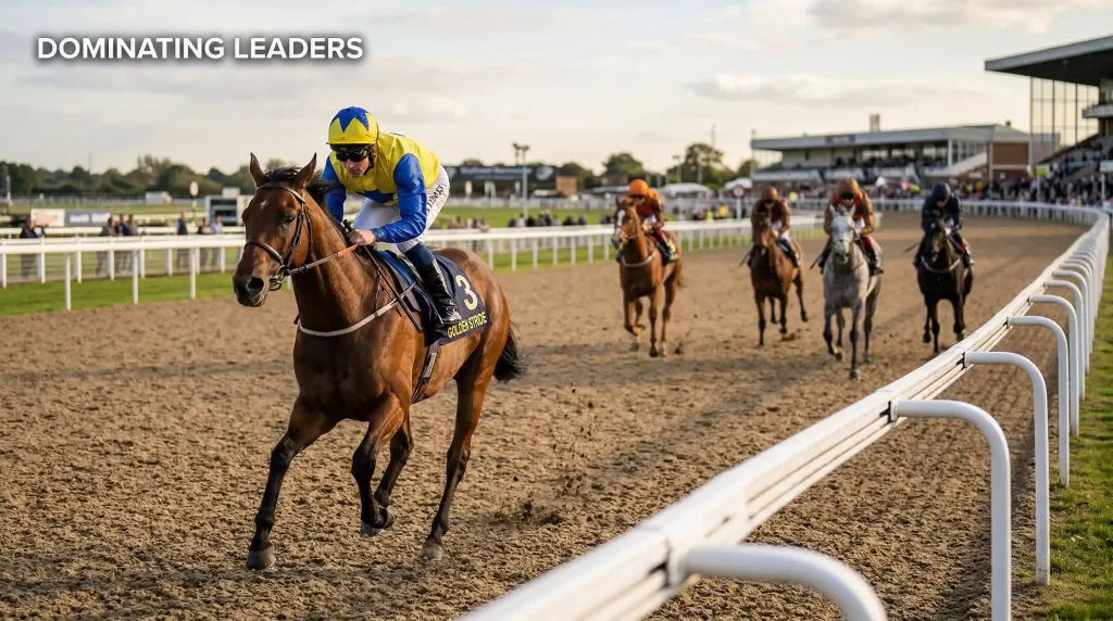 Front-running horse leading the field down the home straight at Southwell all-weather racecourse