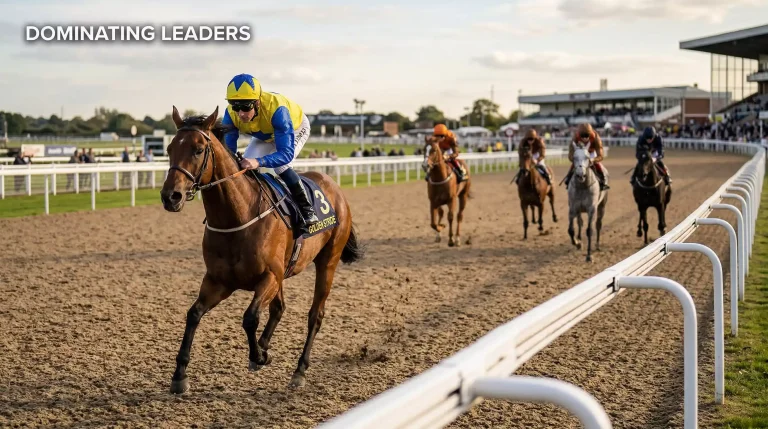 Front-running horse leading the field down the home straight at Southwell all-weather racecourse