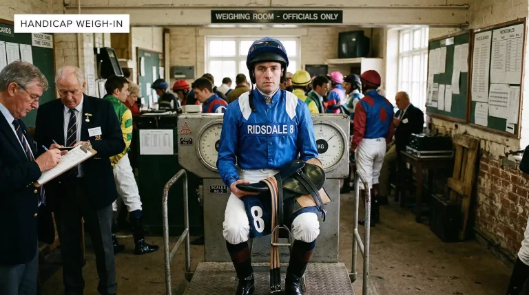 Jockey and horse being weighed in the paddock before a handicap race at Southwell racecourse