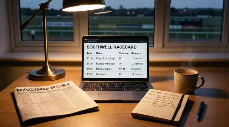 Racing analyst studying form on a laptop with Southwell racecourse racecard and newspaper tips