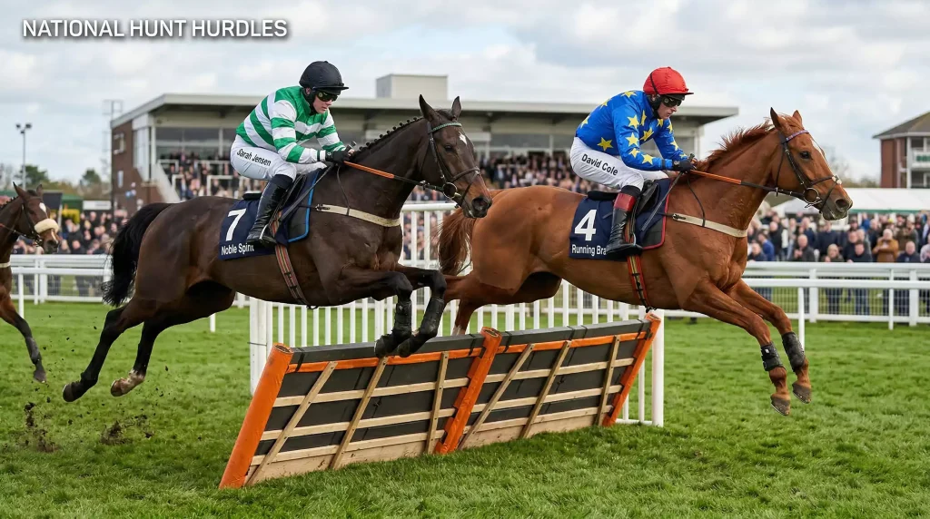Horses jumping a hurdle on the turf course at Southwell racecourse during a National Hunt race