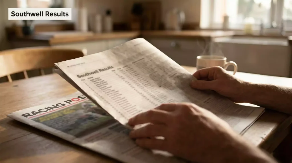 Racing Post newspaper open to the results page with Southwell race results highlighted