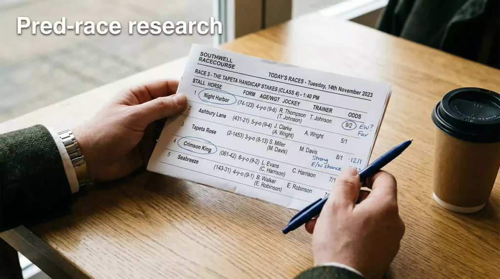 Punter studying a printed racecard in the paddock area at Southwell racecourse before a race