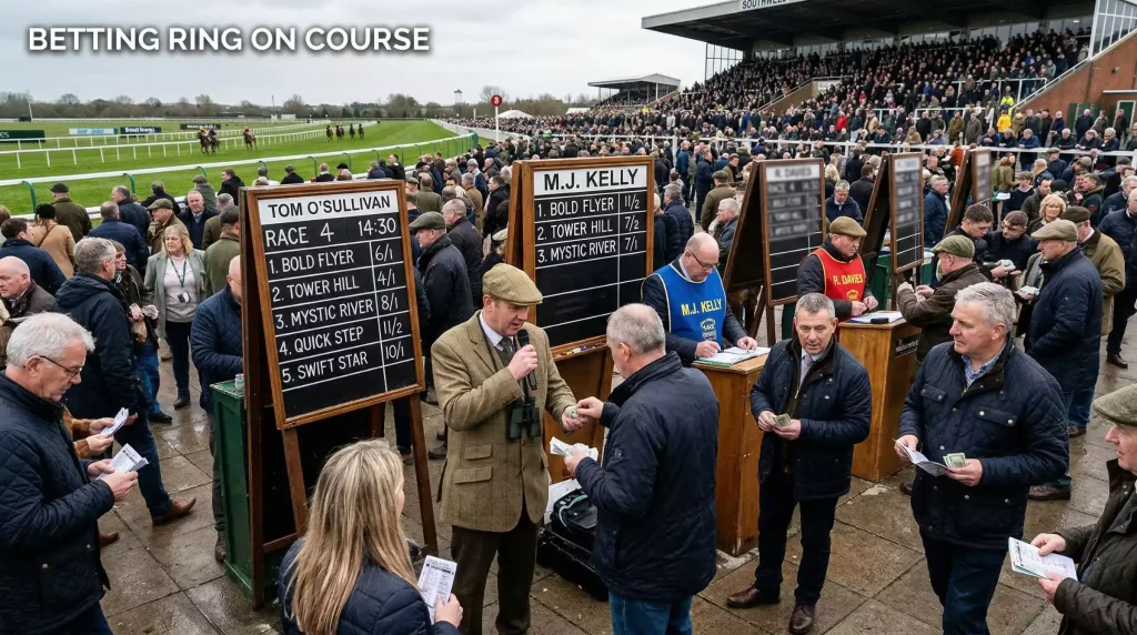 Punters studying the bookmaker boards in the betting ring at Southwell racecourse on a raceday