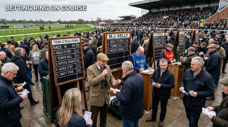 Punters studying the bookmaker boards in the betting ring at Southwell racecourse on a raceday