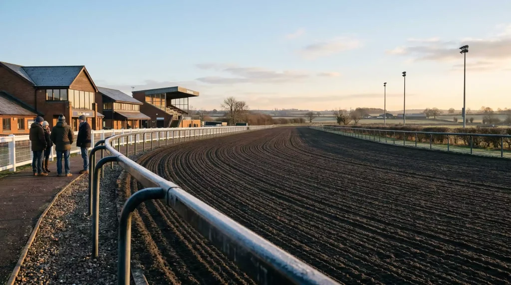 Southwell racecourse grandstand and Tapeta all-weather track on a race day in Nottinghamshire