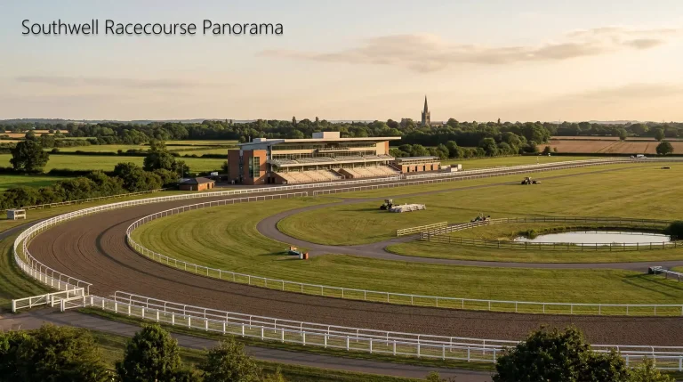 Panoramic view of Southwell racecourse grandstand and Tapeta track in Nottinghamshire