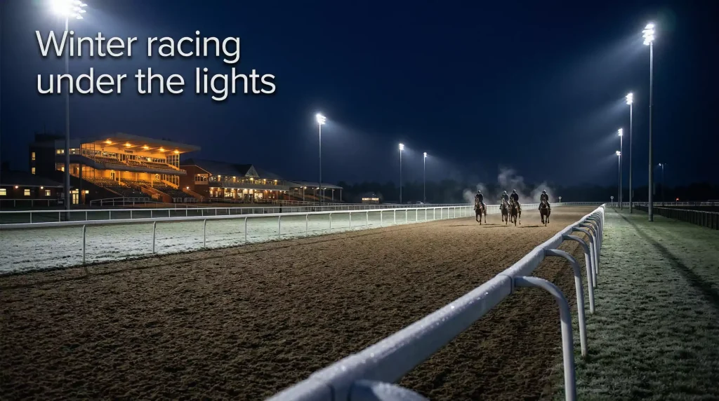 Horses racing under winter floodlights at Southwell all-weather racecourse on Tapeta surface