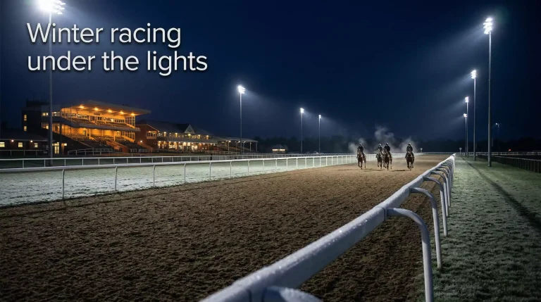 Horses racing under winter floodlights at Southwell all-weather racecourse on Tapeta surface