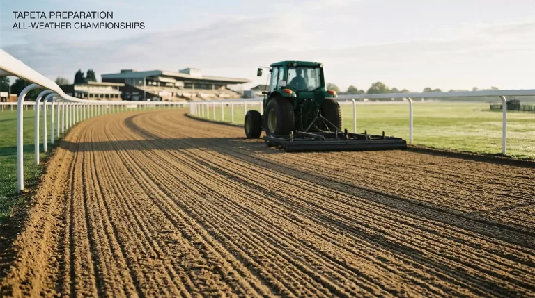 Close-up view of the Tapeta all-weather racing surface at Southwell racecourse being harrowed