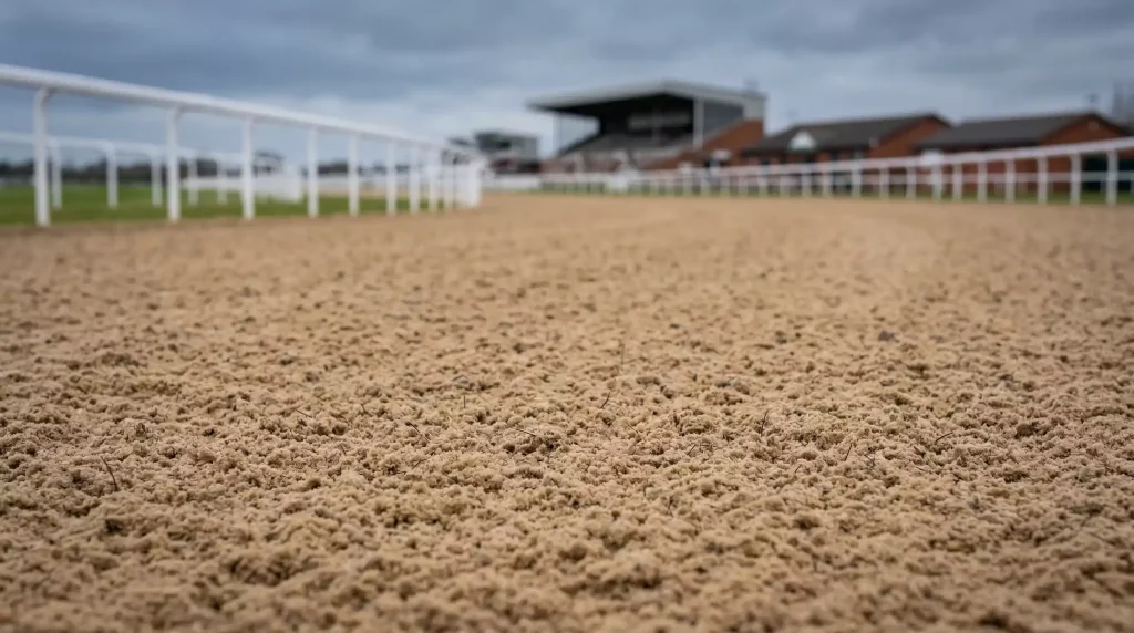 Close-up of the Tapeta racing surface at Southwell racecourse with the grandstand in the background