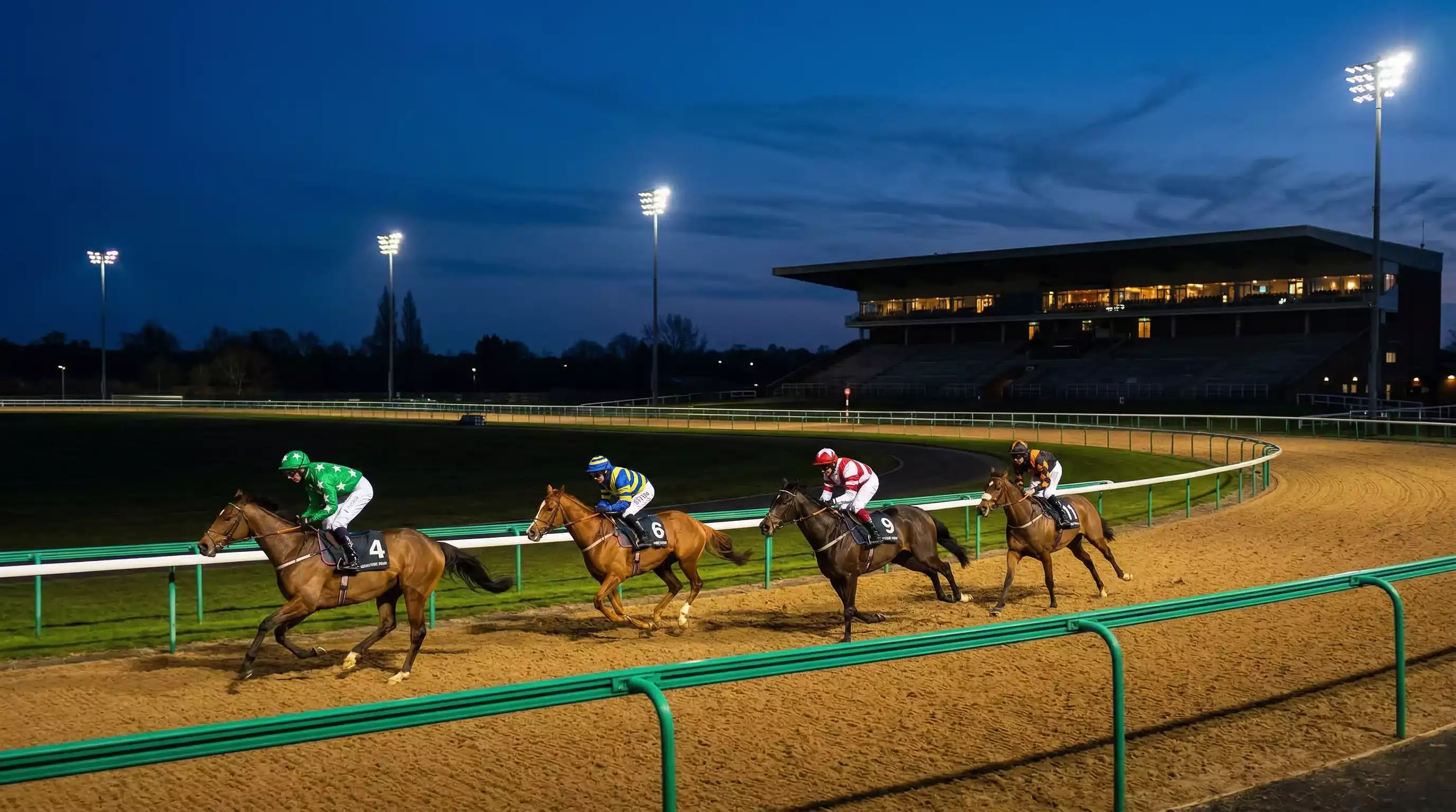 Floodlit evening all-weather horse racing at a UK racecourse with horses on the Tapeta surface