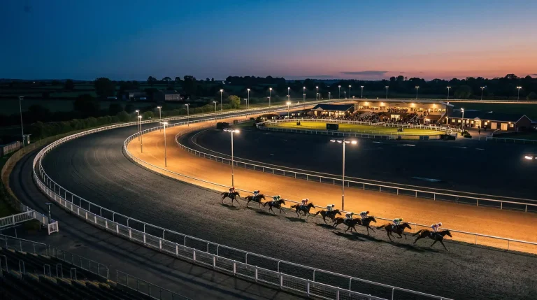 Aerial view of a floodlit all-weather racecourse in Britain with horses on the synthetic track