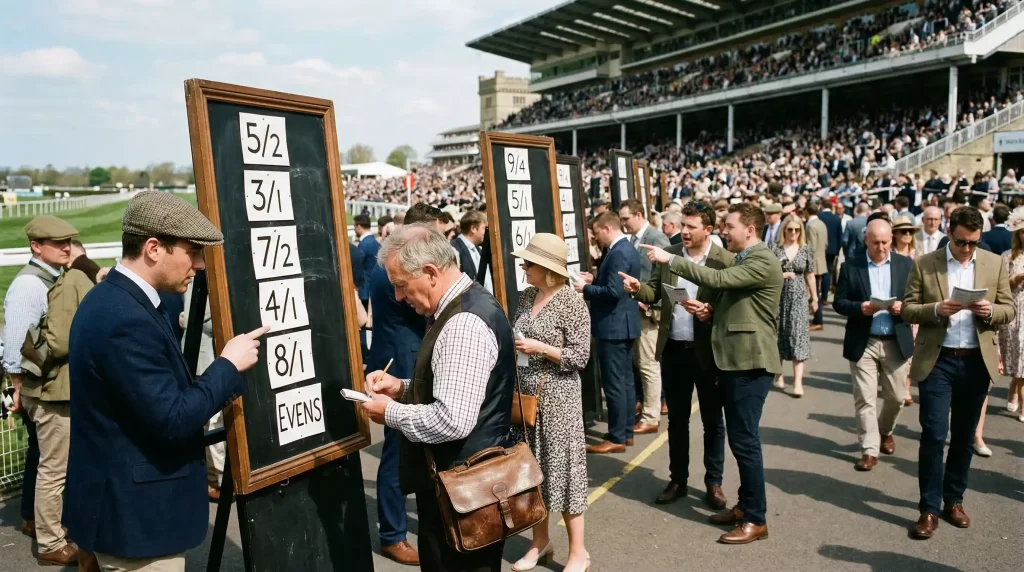 Packed grandstand at a British racecourse with bookmaker boards visible in the betting ring