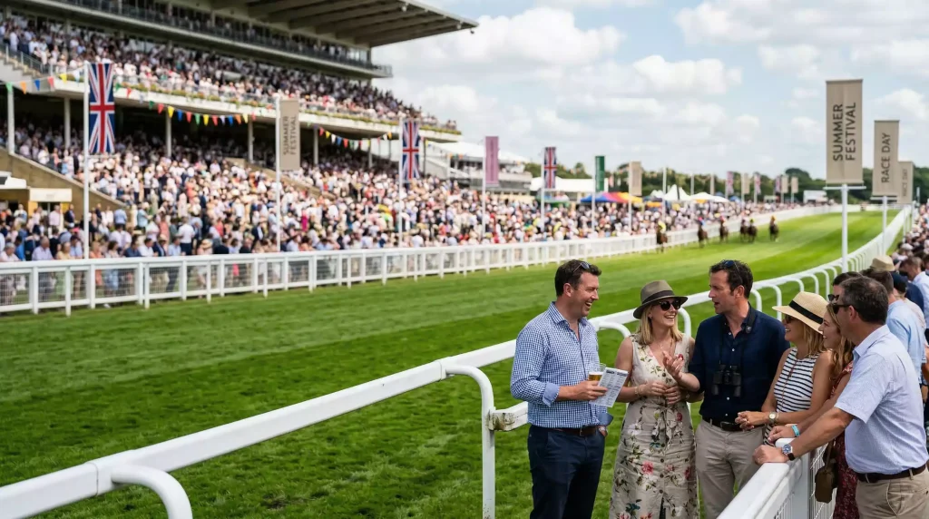 Large crowd watching horse racing from the grandstand at a packed British racecourse on a summer day