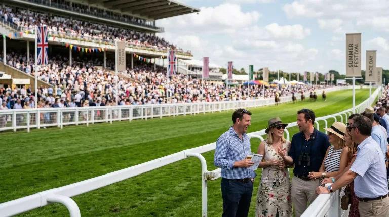Large crowd watching horse racing from the grandstand at a packed British racecourse on a summer day
