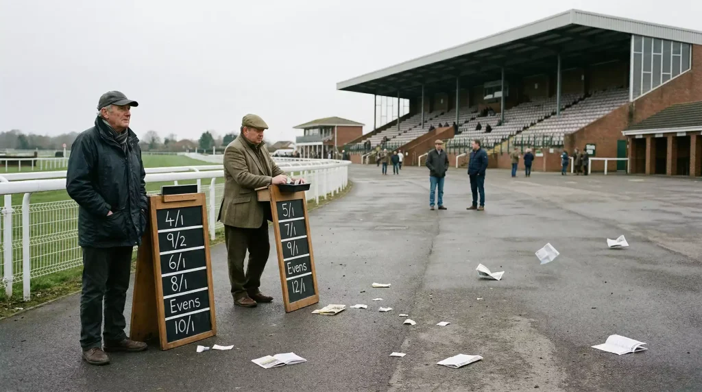 Empty bookmaker boards at a quiet British racecourse betting ring on a midweek afternoon
