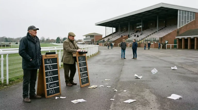 Empty bookmaker boards at a quiet British racecourse betting ring on a midweek afternoon