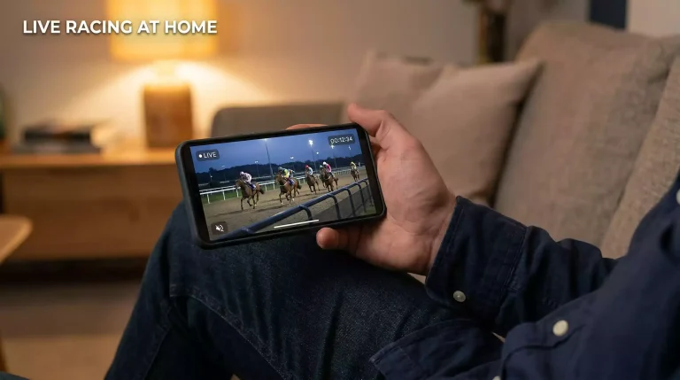Horse racing on a screen being live-streamed from Southwell racecourse on a mobile phone